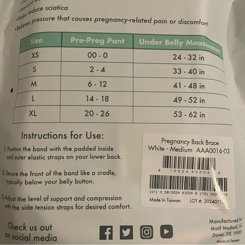 Motif Medical Pregnancy Back Brace Belly Band Support Medium White 6 8 10 12 M - Picture 6 of 7